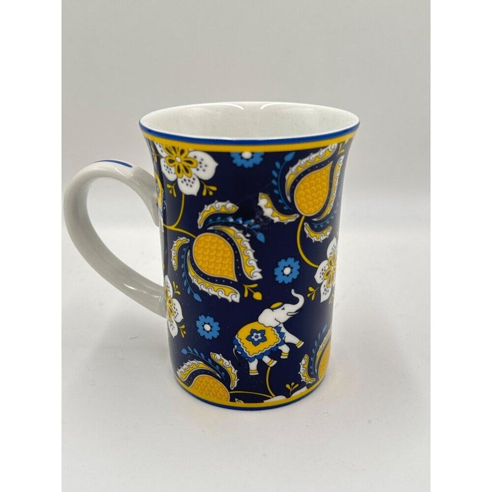 Vera Bradley Mug Elephant Paisley Blue Yellow Ceramic 14 oz